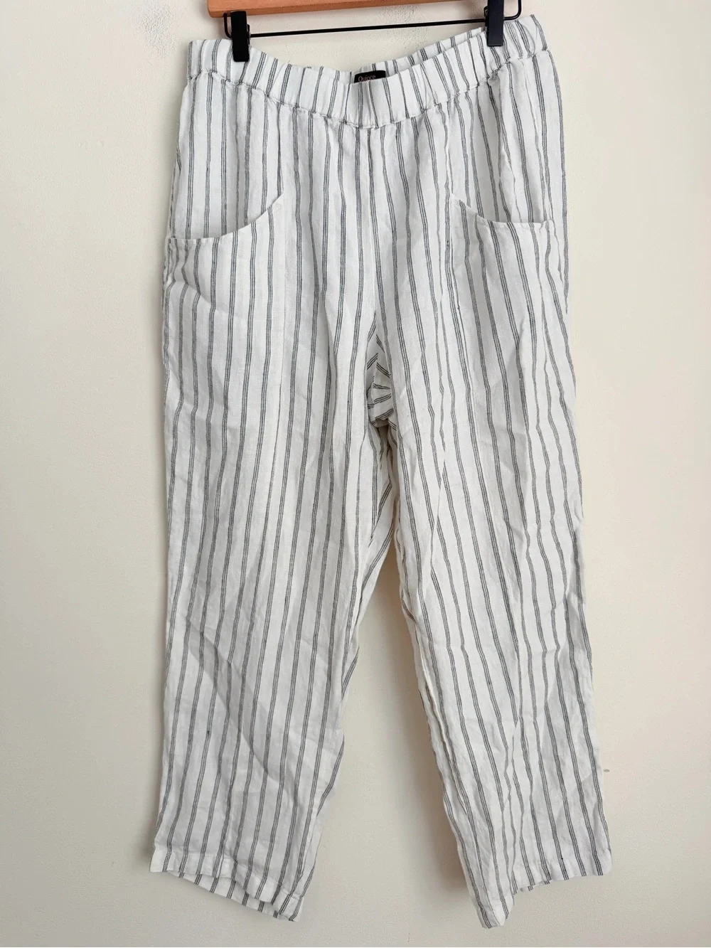 Quince 100% European Linen Tapered Ankle Pants oatmeal striped Sz L